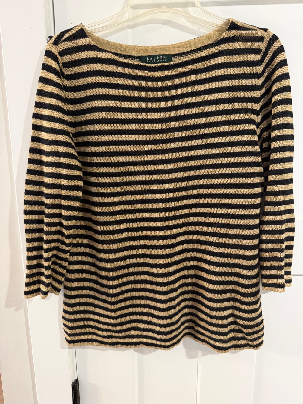 Women’s Ralph Lauren Black and Tan Striped Long Sleeve Boatneck Top Size M